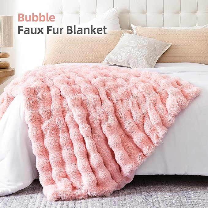 Blush Pink Faux Fur Throw Blanket Cozy Rabbit Fleece factory