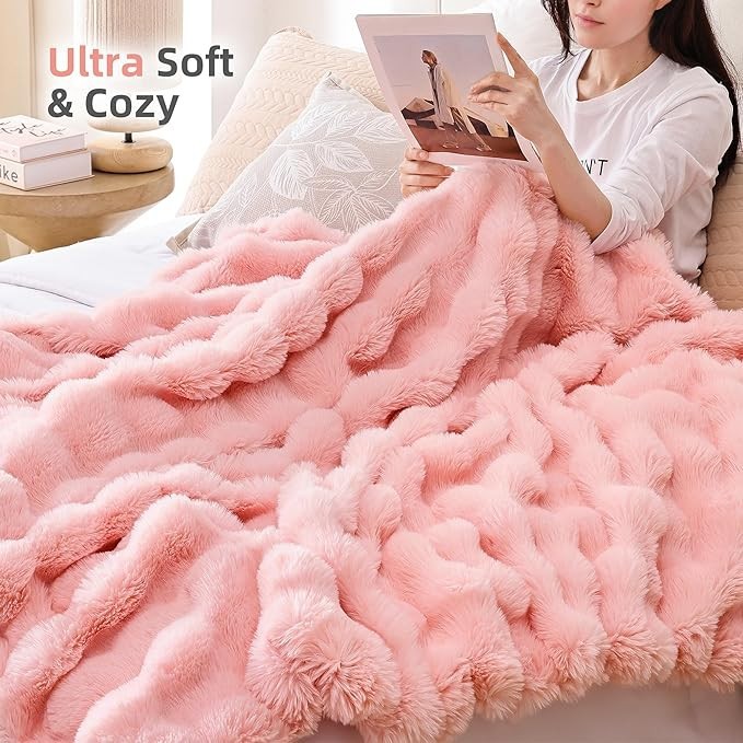 Blush Pink Faux Fur Throw Blanket Cozy Rabbit Fleece high quality