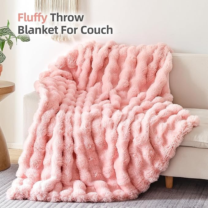 Blush Pink Faux Fur Throw Blanket Cozy Rabbit Fleece best